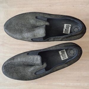 Fitflop Superskate Black Silver Metallic Slip-On Super Comfort Loafers Shoes